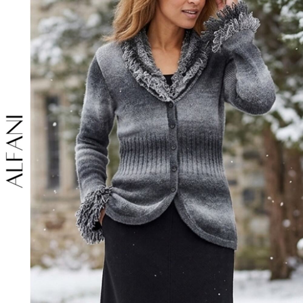 ALFANI Ombre Gray Button Front Cardigan With Loop Yarn Trim, Size Medium